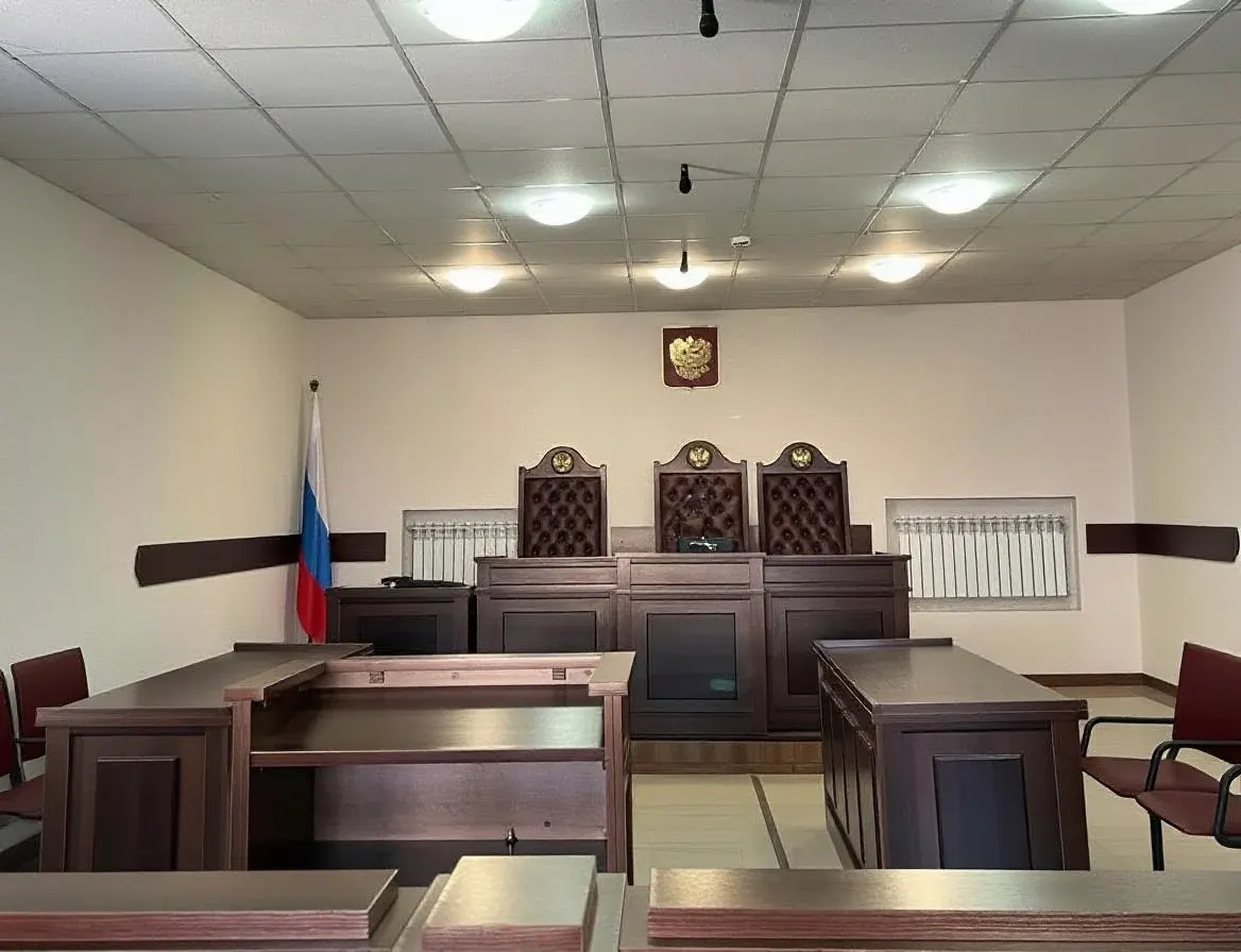 Мебель зала суда выполнена в единой тёмной древесной палитре — Мебель суда. Верховный суд КБР