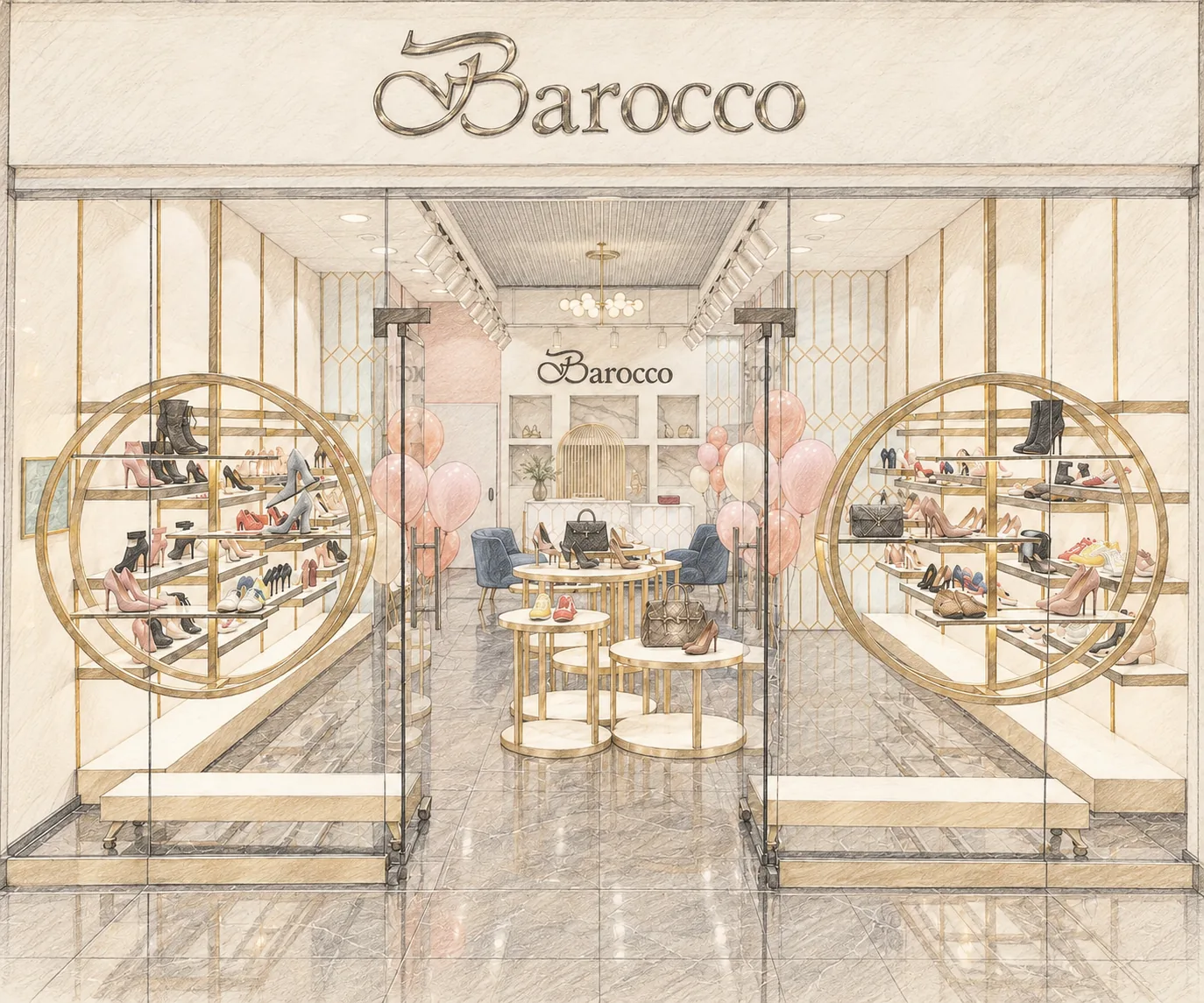 Карандашный эскиз магазина Barocco: круглые витрины, стеллажи и торговая мебель ЮМАС